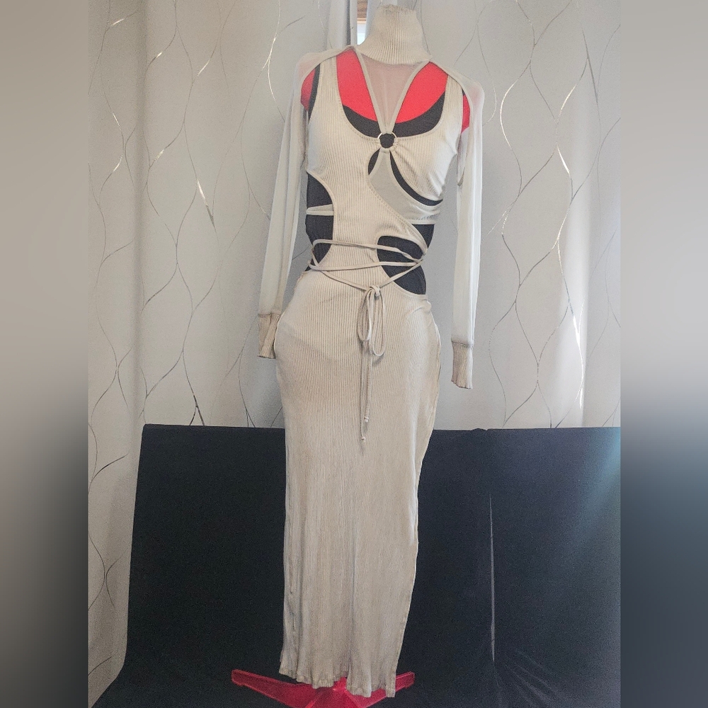 Dolls Kill Fader Mesh Ribbed Darker Wavs Maxi Dress in Ecru
